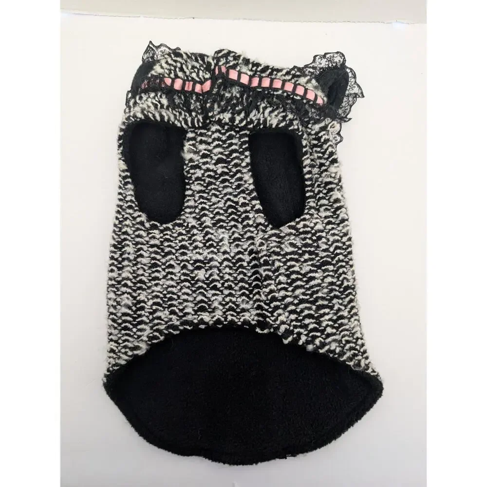 Black And White Knit Dog Sweater Jacket Pink Trim Lace Detail Size 10 Animal Wra